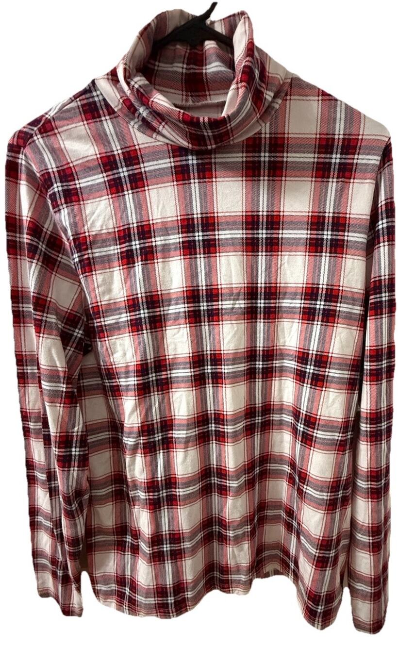 LANDS’S END Women’s Plaid Red Blue White Turtle Neck Pullover Top Christmas LG